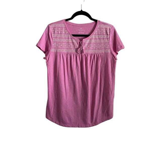 Talbots Women SZ S Pink W/White Embroidered Short Sleeve Tie Tassel Neck Top - Picture 1 of 8